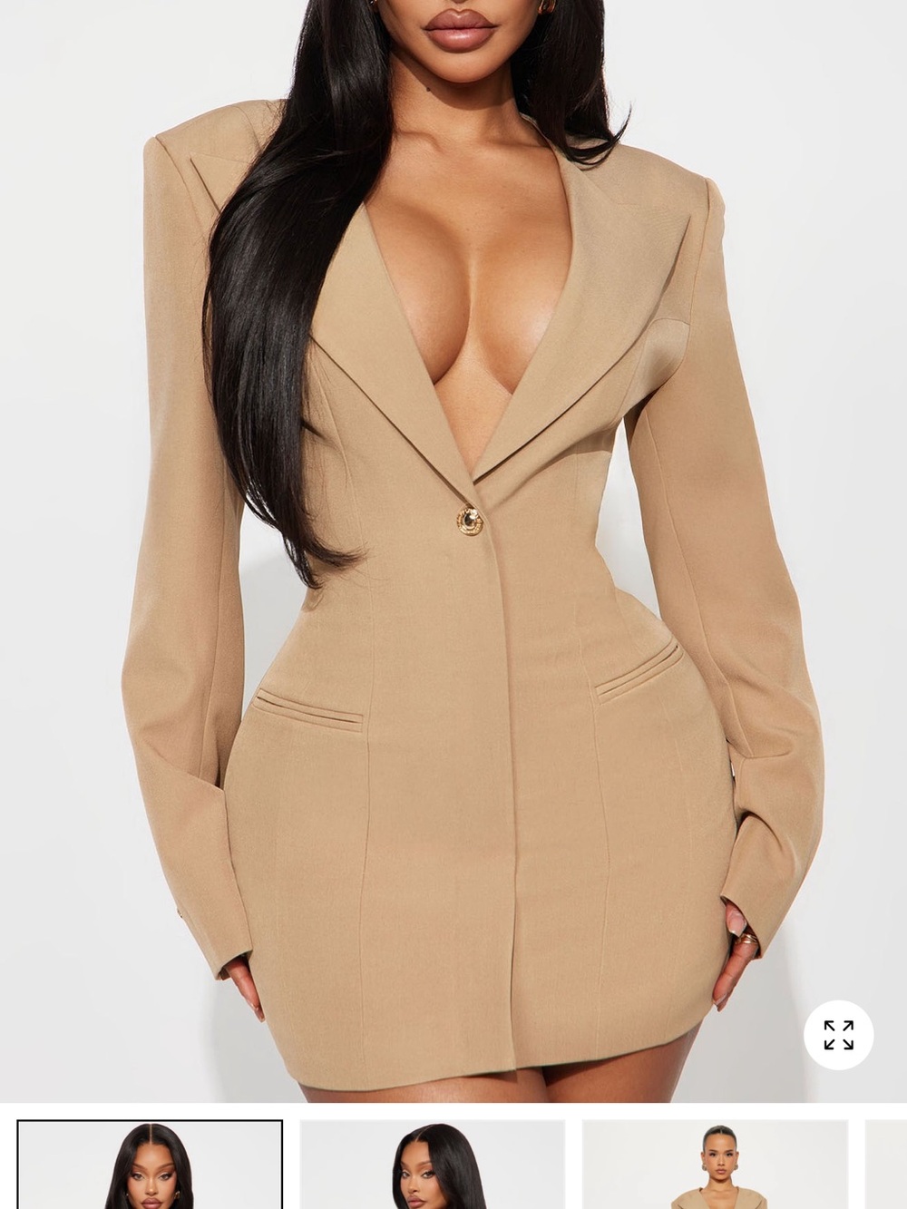 Fashion Nova Camel Blazer Dress with Gold Button Detail